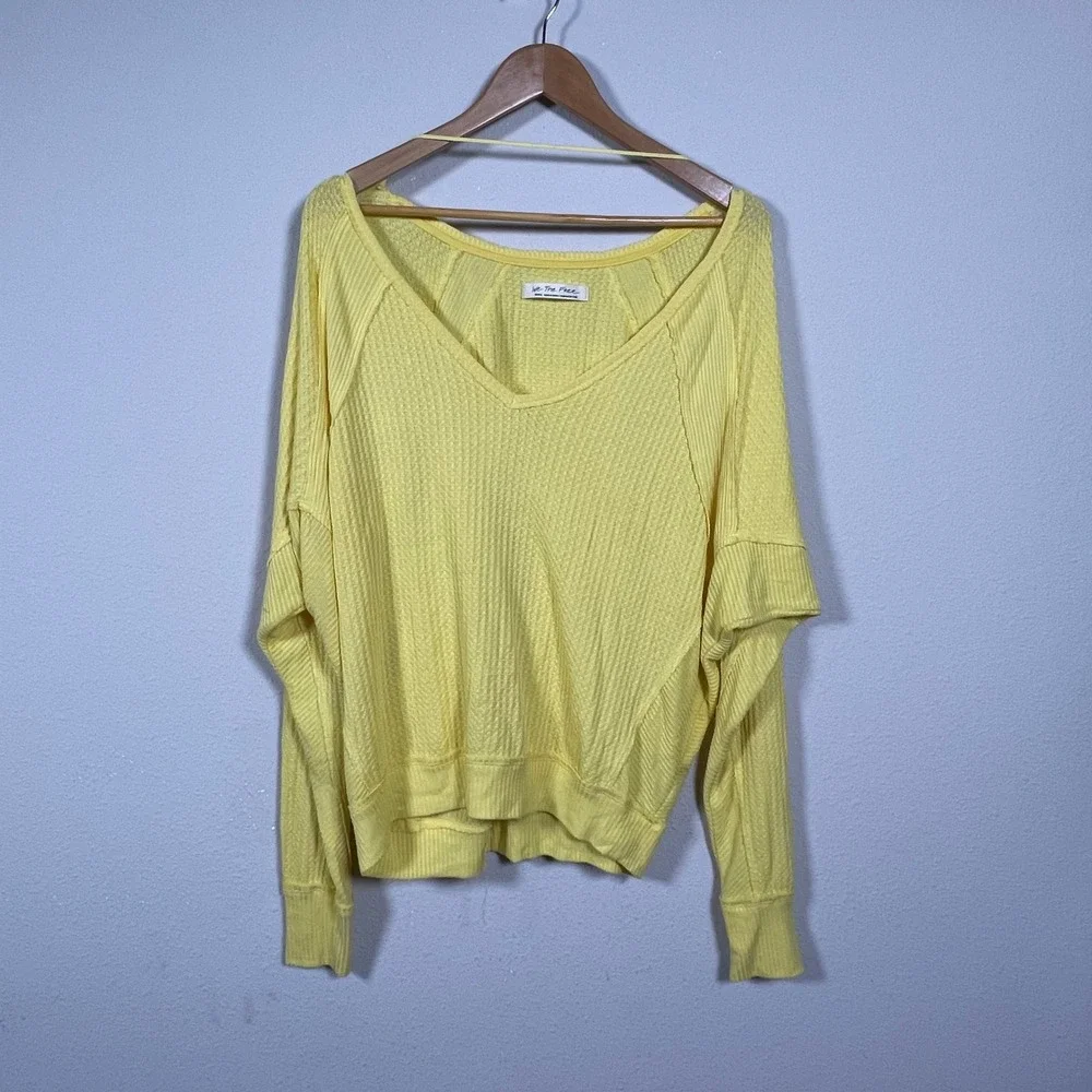 We The Free Pullover Womens Small Yellow‎ Santa Clara Waffle Knit V-Neck Thermal